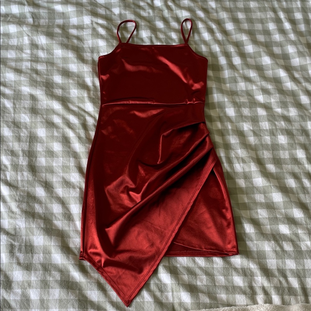 Papaya Asymmetrical Satin Dress in Deep Red